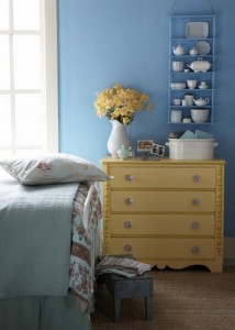 yellow dresser country home 214x300 Art Inspired Blue and Yellow Interior Design